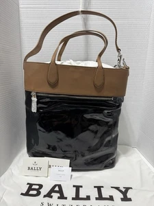 NEW BALLY Macy Black Patent Brwn Leather Tote Shoulder Strap Bag Handbag Satchel - Picture 1 of 18