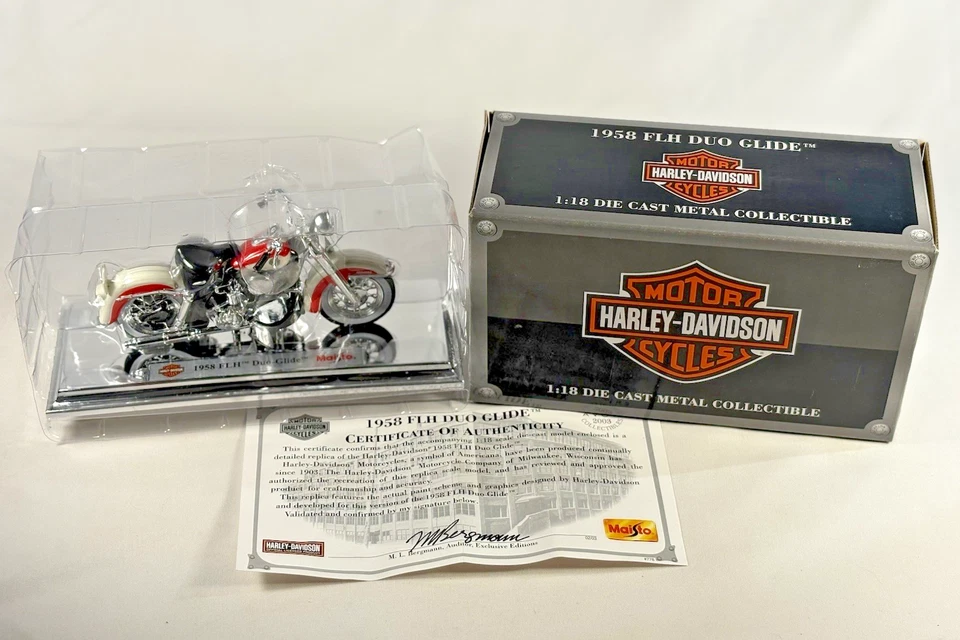 Maisto 1958 FLH Duo Glide Harley Davidson 1:18 motocicleta com caixa de certificado de autenticidade vintage EUA NOS - Imagem 1 de 4