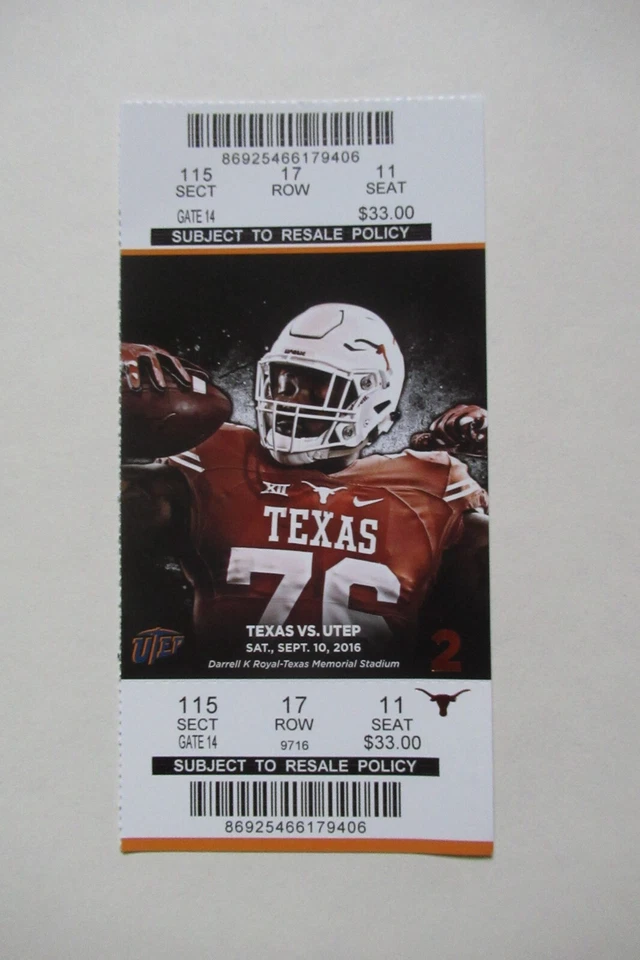 TEXAS LONGHORNS VS UTEP MINERS 9/10/2016 FULL TICKET ~ AARON JONES - Image 1 of 1