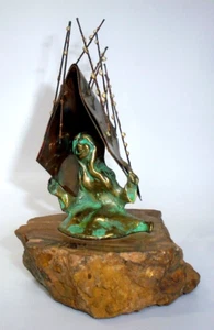 1970s Signed Bijan Bronze & Copper Girl Sheltering from Rain 6" Art Sculpture - Picture 1 of 12