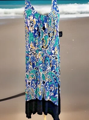 Ellen Tracy Maxi 连衣裙女式 S 蓝色佩斯利鲨鱼咬下摆异想天开的度假村全新带标签 — 第 1/4 张图片