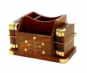 New Wooden Rosewood Desk Organiser, Coasters Set, Pen Stand, Card Holder - Picture 1 of 6