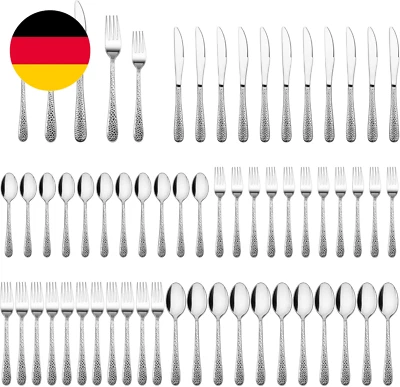 Besteck Set 12 Personen, 60-Teiliges Edelstahl Gehämmertes Besteckset Mit Messer - Bild 1 von 4