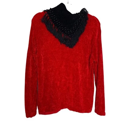 Victoria Harbour 毛衣女式中号红色黑色领串珠流苏针织复古 — 第 1/4 张图片