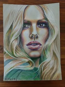 Original Signed Colored Pencil Portrait of Woman on Toned Paper 9 x 12 Inches - Picture 1 of 4
