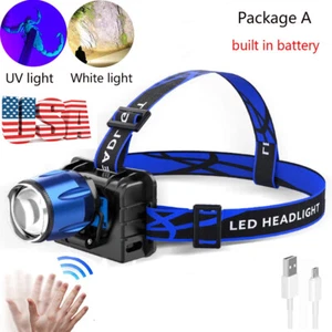 Neu 2 in 1 UV Licht/Weißlicht LED Stirnlampe Wiederaufladbar Headlight UV Kopflampe - Bild 1 von 16