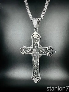 Jungfrau Maria Kreuz Anhänger Edelstahl Kette Religion Jesus Christus Biker 384B - Bild 1 von 7
