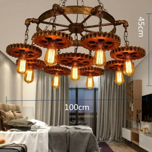 9-Head Rustic Ceiling Light Pendant Lamp Fixture Steampunk Gear Chain Chandelier - Picture 1 of 10