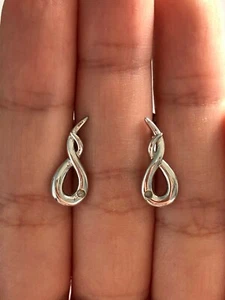 Classy Round Clear Genuine Diamond Twist Drop Style 925 Silver Earrings - Picture 1 of 6