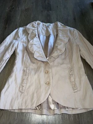 Chaqueta Blazer CAbi Mujer Pétalos Volantes Boho Bolsillos Ajustados Talla 6 Tostado Pana Foto 1 de 4