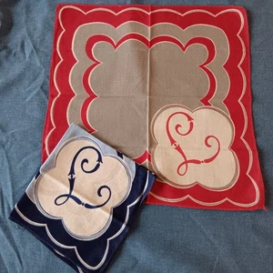 2 Vtg Monogram L Hanky Red Blue White Cotton - Picture 1 of 3