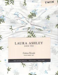 Laura Ashley Twin Sheet Set Merry Mistletoe Blue 4pc Farmhouse Holiday Green - Picture 1 of 4