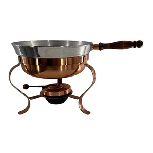 Iron and Copper Chafing Dish Fondue Pan Set Wooden Handle Lightweight No Lid - Picture 1 of 17