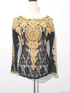 Kay Celine Embroidered Lace Top Black Gold Sheer Long Sleeve Blouse Size M  - Picture 1 of 12