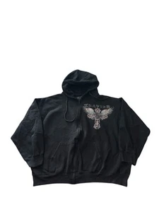Y2K schwarzer Xzavier Kapuzenpullover mit Reißverschluss hinten Druck Flügel Kreuz Emo Grunge 2XL - Bild 1 von 7