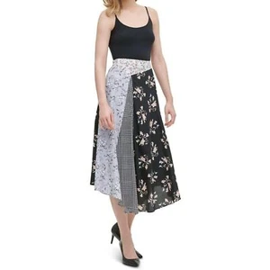 Calvin Klein Asymmetrical Midi Skirt Houndstooth Floral Patchwork NWT Size 14 - Picture 1 of 7