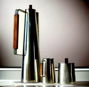 Rare Modern 50'S PAUL EVANS Pewter RAYMOR 3 PC Coffee Set Rosewood Handles, Mark - Picture 1 of 13