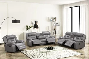 NEW Two-Tone 3PC Gray Sofa Loveseat Chair Fabric Living Room 5-Recliner Set - Picture 1 of 9
