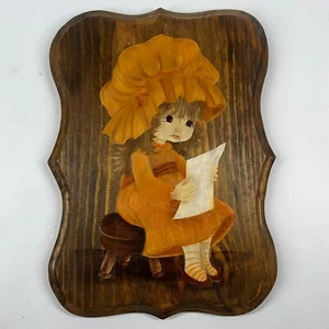 Vintage MCM Big Eye Sad Little Girl Original Painting On Wood Board Signed - Picture 1 of 6