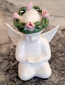 Collectible Porcelain 3"Hx2.5"L White Cherub Angel w/Pink Flower Crown Figurine - Picture 1 of 21