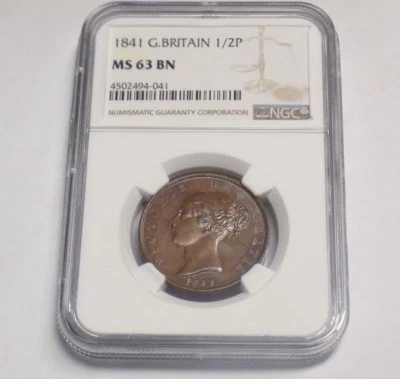 GREAT BRITAIN 1841 1/2 P HALF PENNY NGC MS63 BN MS 63 England Certified UK Coin  - Image 1 of 4