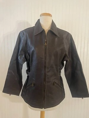 JESSI LEE DK. ABRIGO/CHAQUETA DE CUERO GRANULADO MARRÓN CON HEBILLAS EN LOS LATERALES TALLA M/M Foto 1 de 4