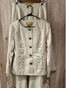 Donna Vinci Women’s 10 Beige 2 Piece Linen Suit Pantsuit 1970s Vintage NEW - Picture 1 of 10