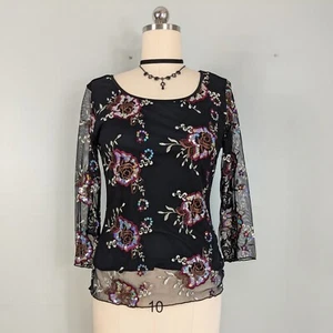 Mesh Top Floral Whimsigoth Goth Grunge Sheer Embroidered Black Red Sleeve M - Picture 1 of 8