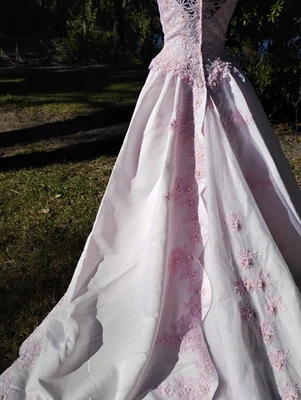 Pink Oleg Cassini Wedding Gown Dress Sleeves Lace Beads Tulle Over Lapping Train - Image 1 of 4