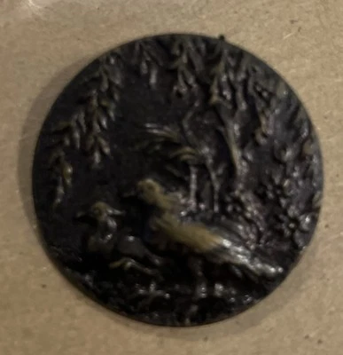 Vintage Antique Metal Picture Button Large Bird & Flowers - Image 1 of 2