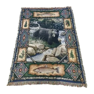 Pure Country BLACK BEAR Lodge Fish Tapestry Afghan Throw Blanket USA 100% Cotton - Picture 1 of 6