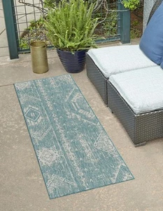 Outdoor Bohemian Collection Area Rug - Anthro (2' x 5' Runner Light Aqua/Ivory) - Picture 1 of 6
