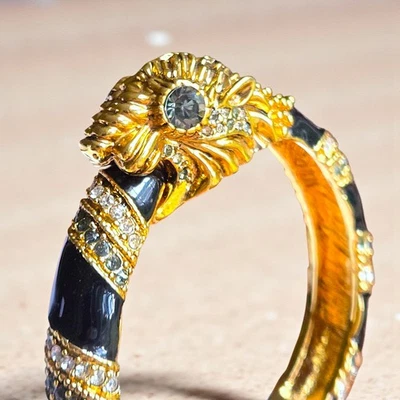 C. Wonder Lion Tiger Head Enamel Hinged Bangle Bracelet Black Gold Pave Crystals - Image 1 of 4