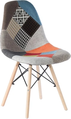 Mid-Century Modern Upholstered Plastic Multicolor Fabric Patchwork DSW Shell Din - Image 1 of 4
