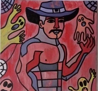 Halloween Gay Muscle Beefcake Ghost Nude Original Oil Painting Oxana Diaz 8 x 10 - Image 1 of 4