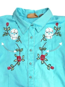 SCULLY Embroidered Western Shirt XXL Turquoise Skulls Roses Snap Cowgirl Rodeo - Picture 1 of 11