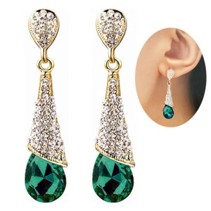 Gold Plated Green Crystal Teardrop Dangle Clip-On Earrings - Picture 1 of 3