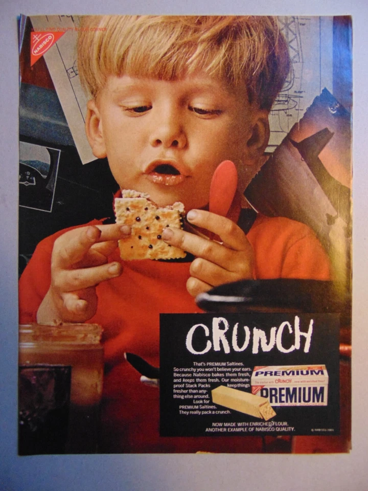 1969 PREMIUM SALTINE CRACKERS Young Boy Eats CRUNCH!  print ad - Image 1 of 1