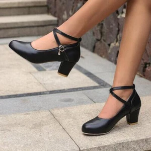 Damenschuhe Mary Jane Blockabsatz gekreuzte Knöchelriemen bequem elegante Büroschuhe - Bild 1 von 16
