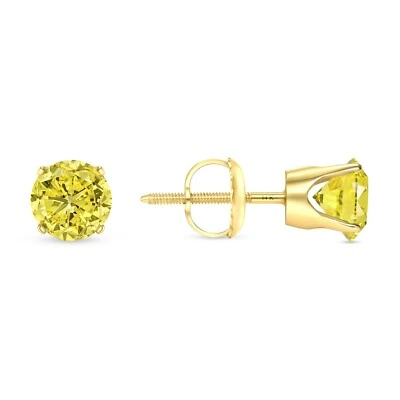 Pendientes redondos de diamantes creados en canario de 1 quilate corona real de oro amarillo de 14 quilates tornillo Foto 1 de 3