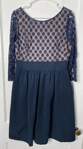 Eliza J Dress Sz 10 3/4 Sleeve Sheer Blue Lace Polka Dot Classic Textured retro - Picture 1 of 11