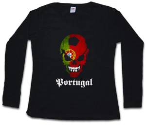BLACK CLASSIC FOOTBALL PORTUGAL SKULL FLAG DAMEN LANGARM T-SHIRT Fußball Fahne - Picture 1 of 1