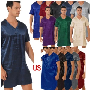 Herren V Ausschnitt Seide Satin Nachthemd Locker Kurzarm Nachthemd Nachthemden - Bild 1 von 116