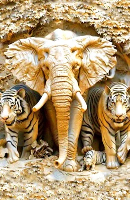 TIGERS & ELEPHANT IN 3D Art Print on Canvas Wall Art 11"x17" - Ready To Frame - Image 1 of 3