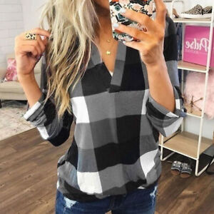Women Plaid Check V Neck Blouse Shirt Ladies Long Sleeve Casual Baggy Loose Tops