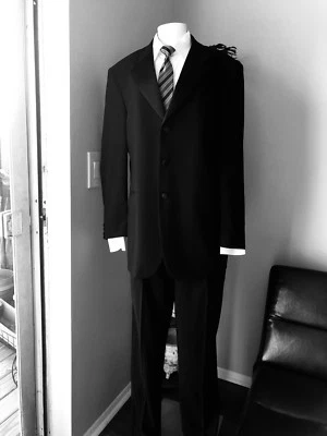 Black Wedding Prom Tuxedo 3 Button with Pants Wool/Satin Made in Italy 40R - Image 1 of 4