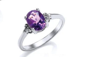 Amatista y Diamante Anillo Plata Maciza de Ley Chapado en Platino Solitario - Imagen 1 de 1