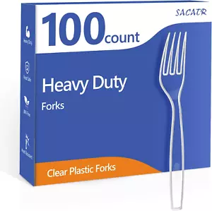 100 Count Disposable Plastic Forks,Heavy Duty Plastic Forks, Clear Plastic Silve - Picture 1 of 12