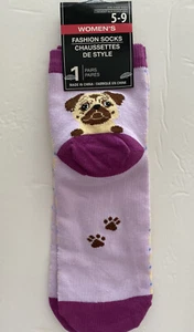 New Pug Dog Crew Socks Women’s Shoe Size 5-9 Purple Striped - Picture 1 of 4