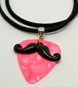 Black Mustache Charm with a Pink MOP Guitar Pick on a Black Suede Cord Necklace - Picture 1 of 2